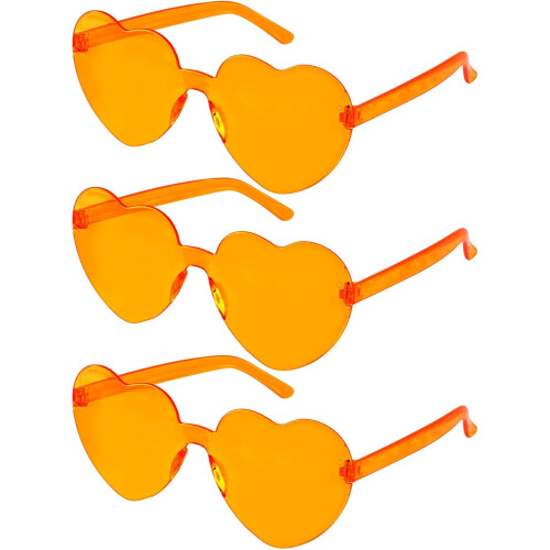 (Orange) Heart Shaped Sunglasses, 3 Pack, Rimless, Retro, Love Theme
