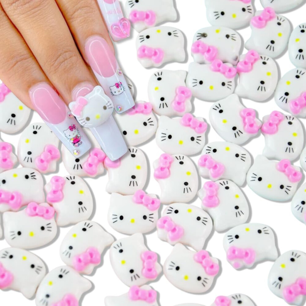 White Cute Nail Charms 50Pcs 3D Kawaii Cartoon Cat Nail Art Decorations For Acrylic Nails Jewelry
