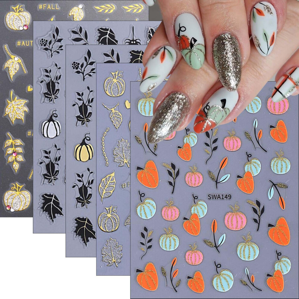 Gold Thanksgiving Nail Stickers 3D Selfadhesive Autumn Maple Leaf And Glitter Pumpkin Decals