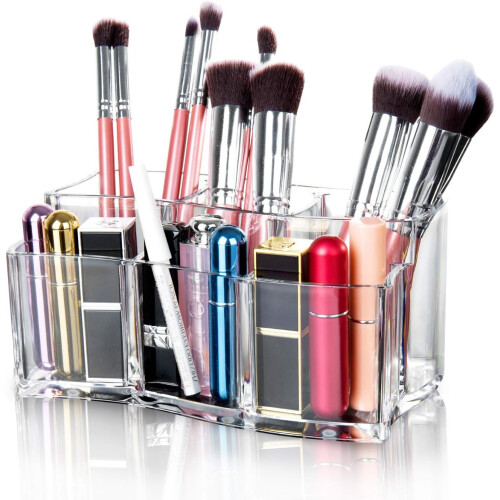 Multipurpose Cosmetic Brushes Storage, Easy Clean Makeup Container, Crystal Clear Acrylic Organizer for Space Saving Vanity Solution
