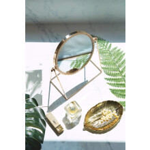 Vintage Makeup Mirror, Elegant Double-Sided Table Top Vanity Mirror with 360 Swivel, Champagne Gold, 6.7 Inches, Storage for Trinkets, Handmade