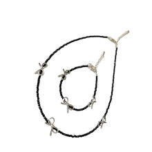 Elegant Black Crystals Bowknot Bracelet Necklace Set Alloy