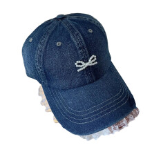 Elegant Baseball Caps 3D Pearls Bowknot Lace Trim Hat-Deep Blue