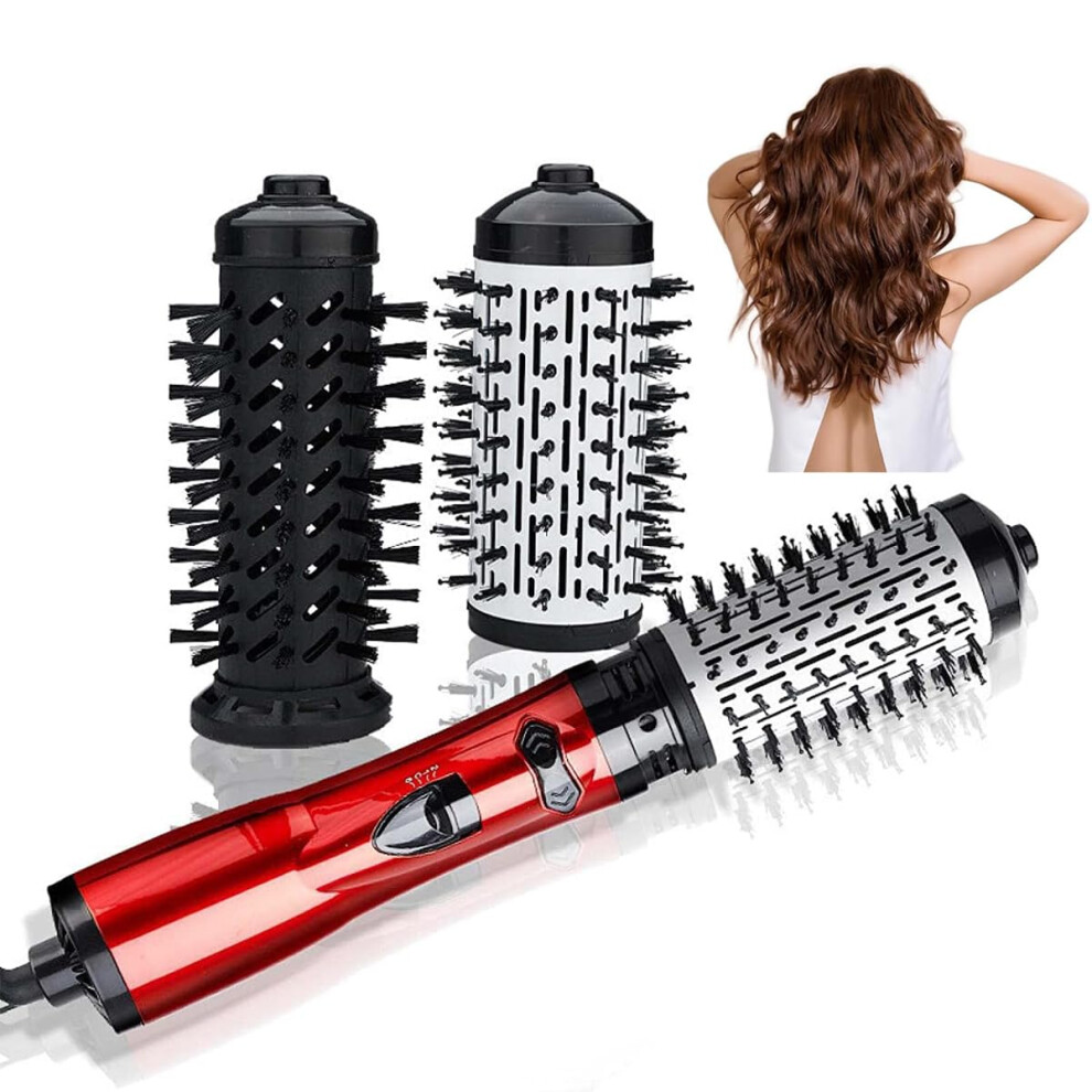 Red 3 In 1 Hot Air Brush With Ionic Rotating Hair Dryer, 2 Interchangeable Barrels, 3 Heat Settings,