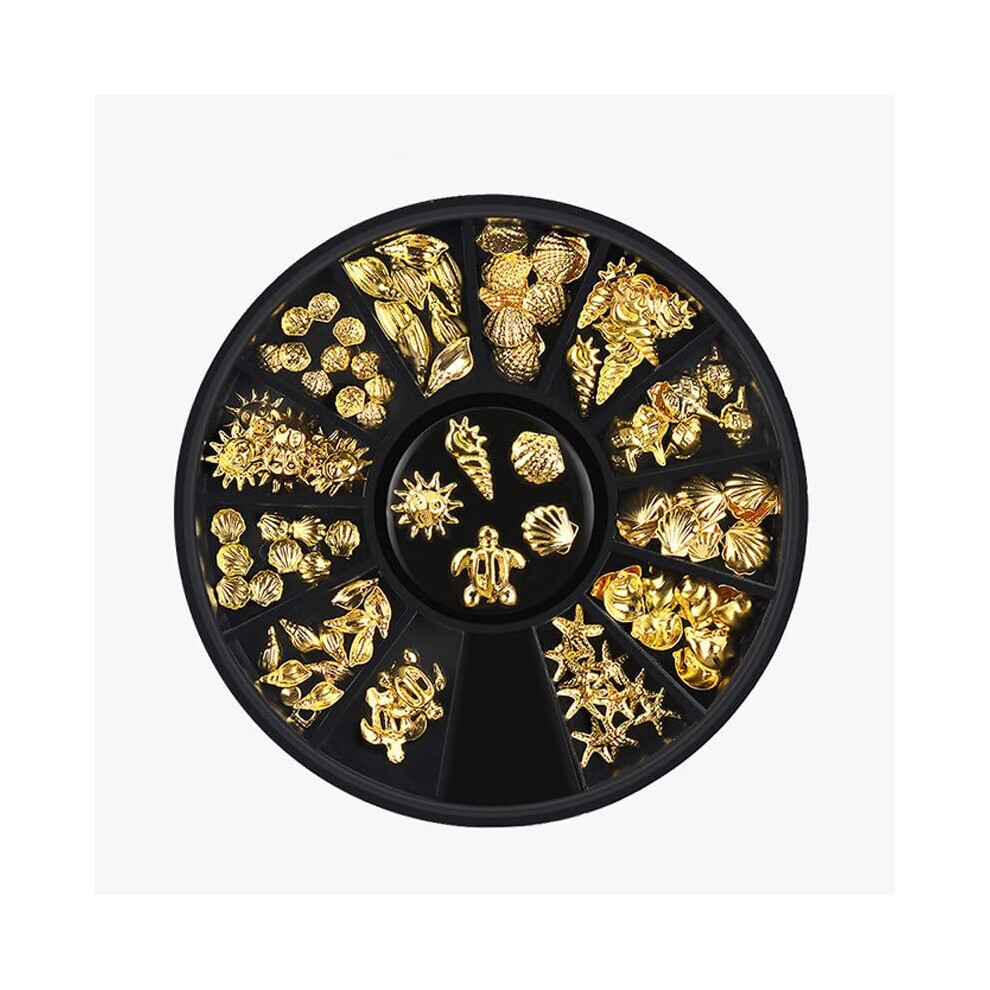 Press On Nails with Gold Ocean Theme 3D Metal Studs Wheel for DIY UV Manicure and Nail Art Decorations
