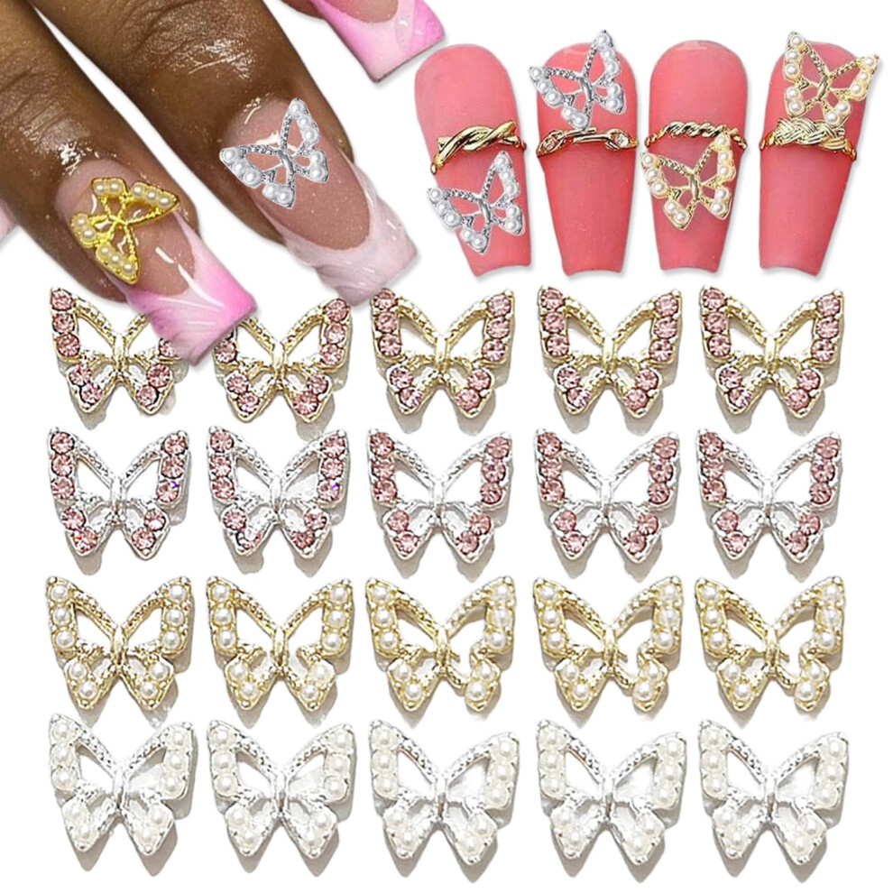 Gold/Silver 3D Butterfly Nail Charms With Pearls And Alloy Nail Art Decorations For Diy Manicure 20Pcs