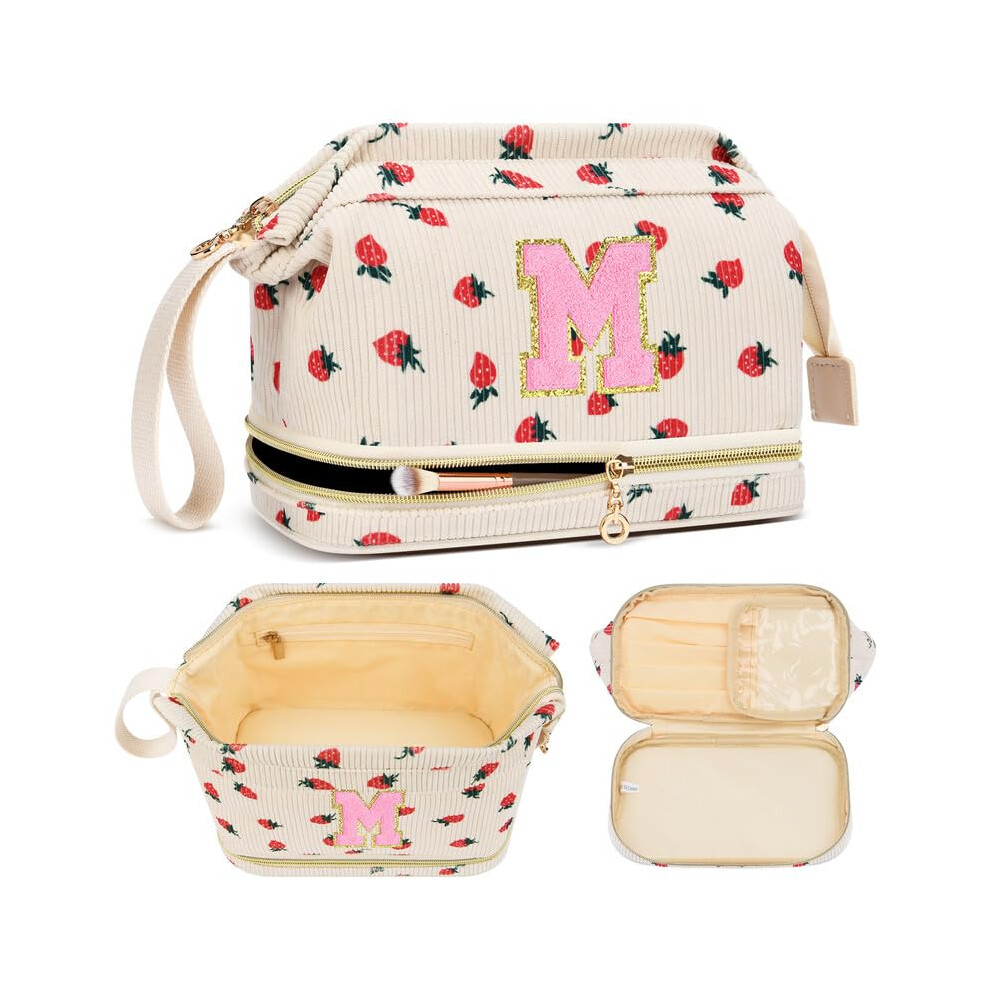 Large Capacity Strawberry Quilted Makeup Bag with Double Layer Brush Organizer, Travel Cosmetic Bag