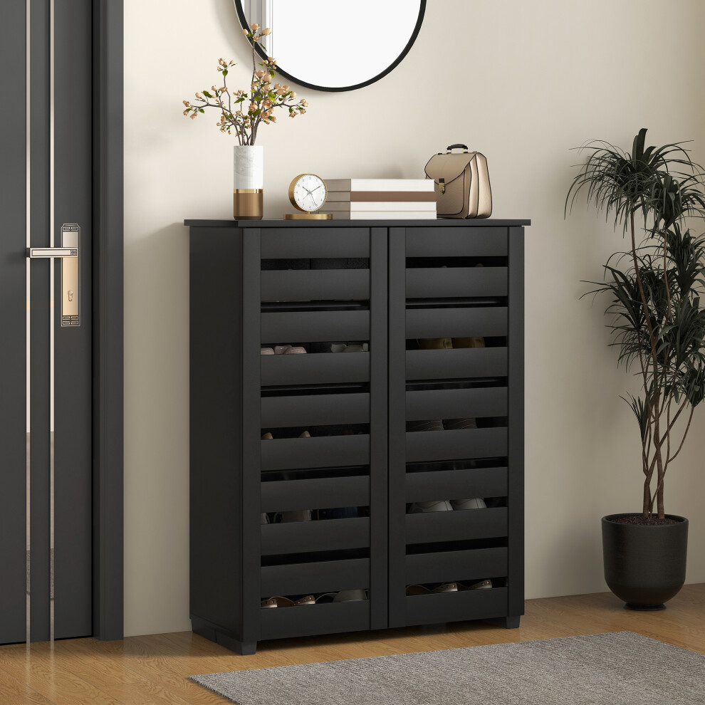 Homcom (Black) Shoe Storage Cabinet With Slatted Doors For 15 Pairs Of Shoes Black