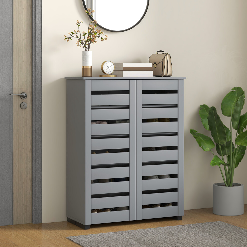 New Homcom (Grey) Shoe Storage Cabinet With Slatted Doors For 15 Pairs Of Shoes Grey