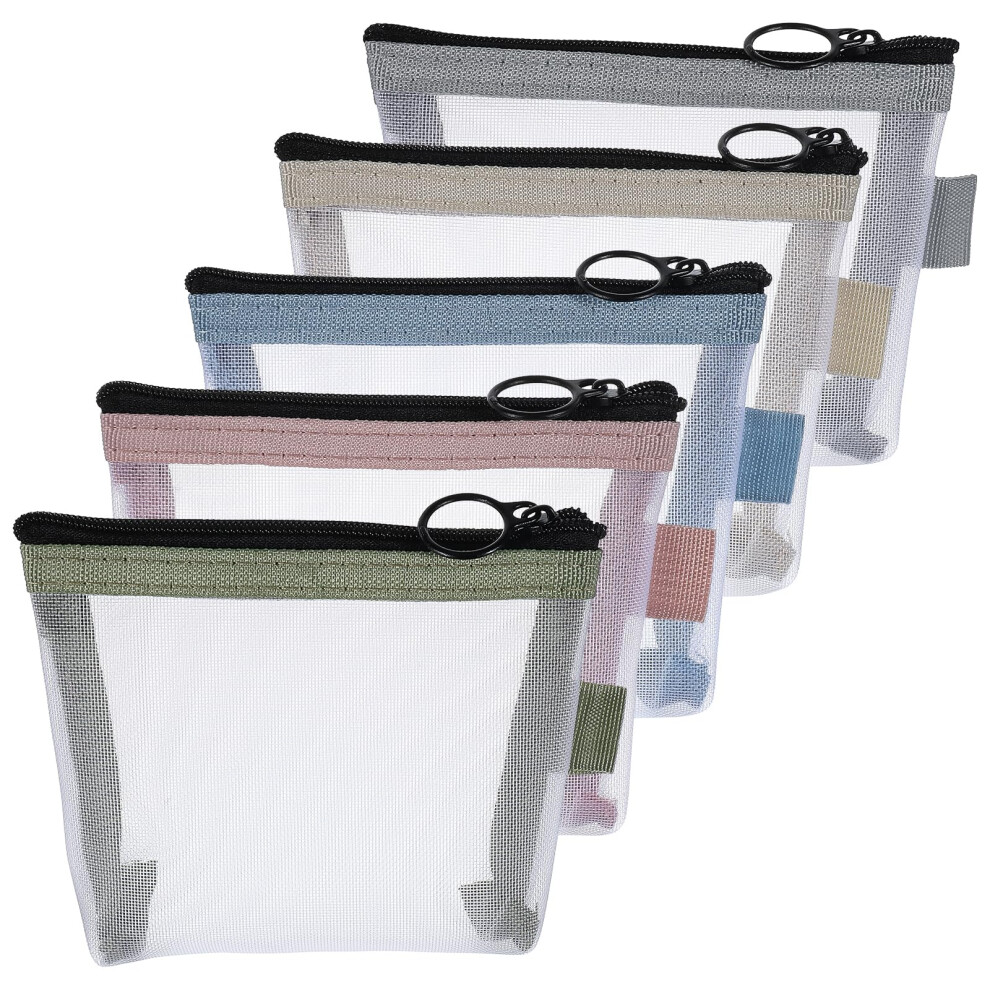 5 Pack Clear Mesh Zipper Pouch Set, Small Travel Makeup Bags, Mini Cosmetic Organizer for Keys Coins