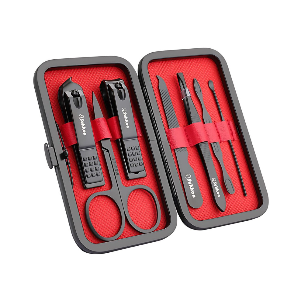 Black Manicure Set 7In1 Grooming Kit With Stylish Leather Case For Travel Nail Care (Black)