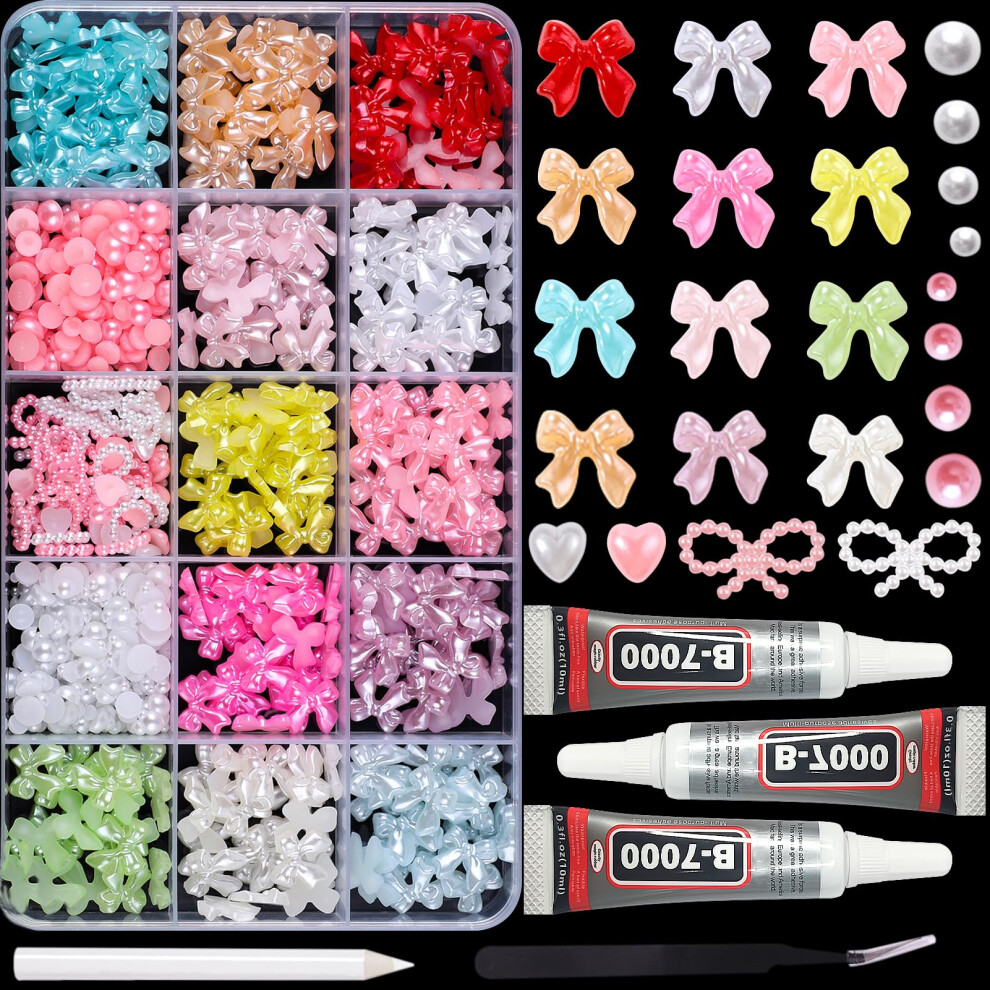 1000PCS Colorful Bow Charms for Nails with Flatback Pearls, 3D Bowknot Nail Art Kit and Glue Set