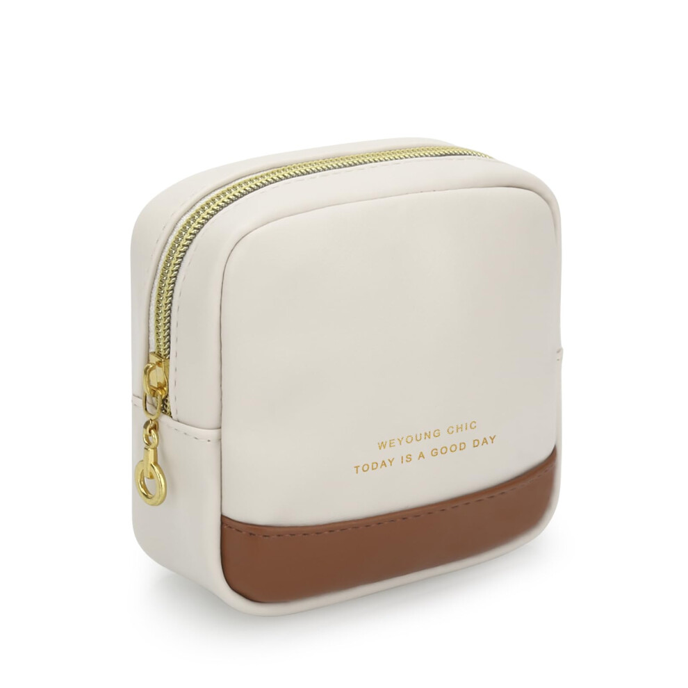 Small PU Leather Makeup Bag for Purse, Travel Cosmetic Pouch with Triple Pockets, Beige