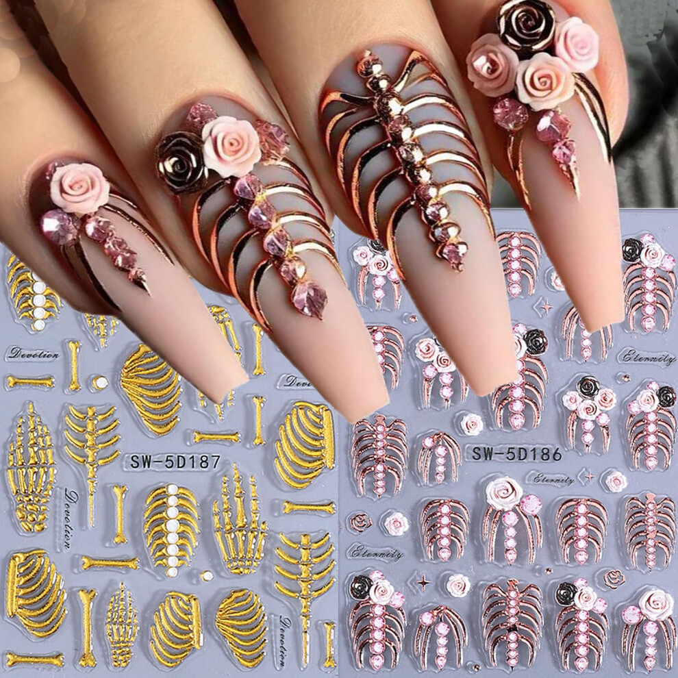 Halloween Nail Stickers 2Pcs 5D Embossed Skeleton Nail Art Decals Self Adhesive Hand Bones for Women