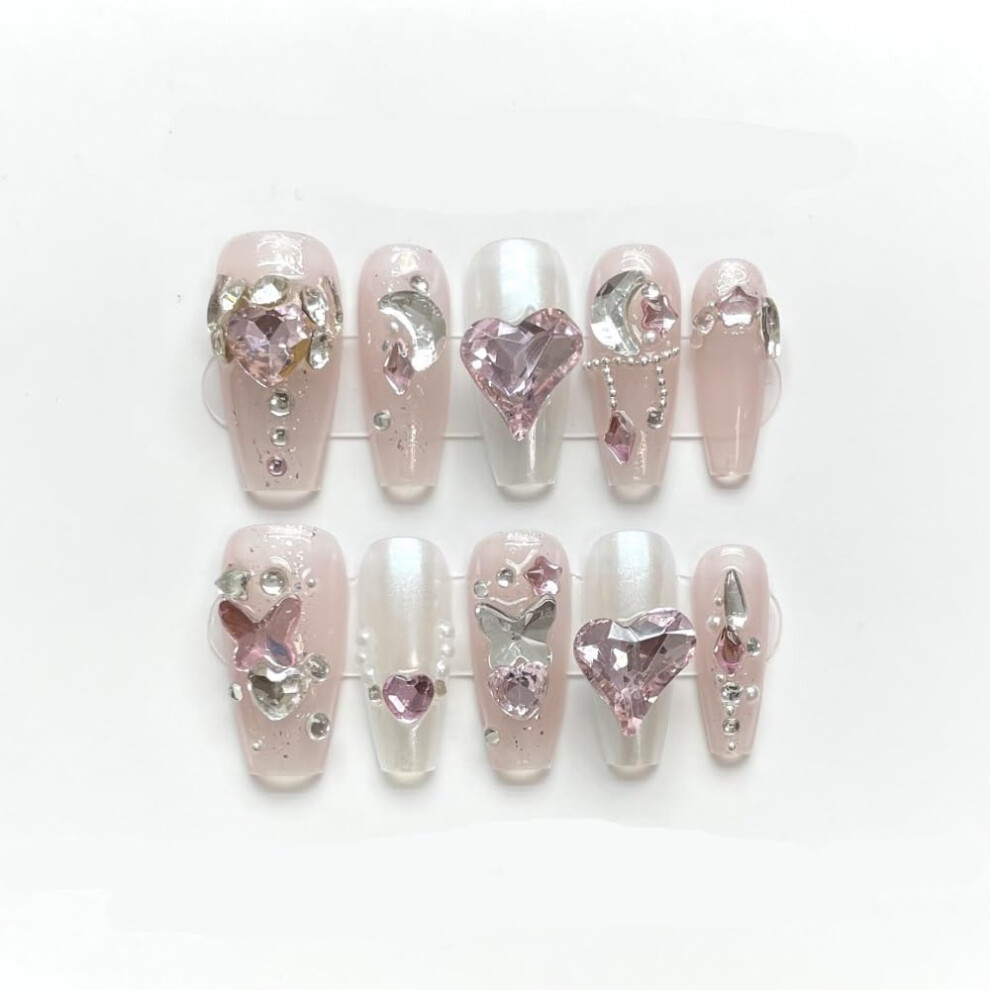 Pink Diamond Long Duckbill Press On Nails Set, Full Diamond, Reusable Fake Nails XS 10PCS
