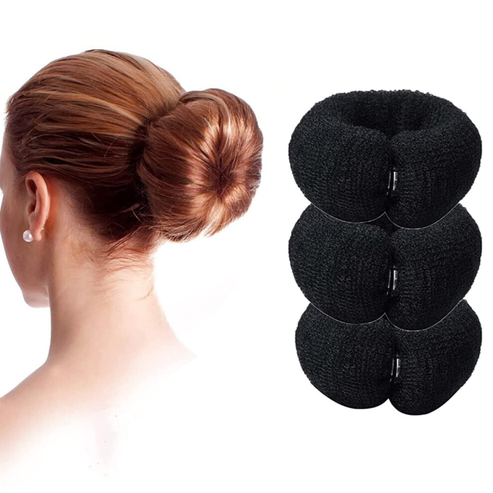 Black Hair Bun Maker Set With Snap Fastening For Quick Diy Donut Styles, Foam Ring Shaper 3Pcs