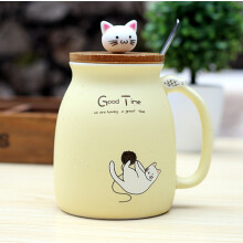 Niedliche Katzen-Tasse, 450 ml Keramik-Kaffeebecher mit Holzdeckel und Edelstahllöffel, ideal für heiße und kalte Getränke, mikrowellen- und