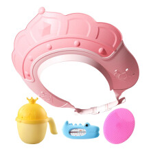 Bathing Hat Kids Bath Head Cap Visor With Water Temperature Gauge Shampoo Cup Shampoo Cap Brush Pink