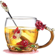 320 ml Teebecher aus Glas mit Schmetterlings- und Rosenmotiv, bleifreies Kristallglas, elegantes, handgefertigtes Design, sichere Wahl für