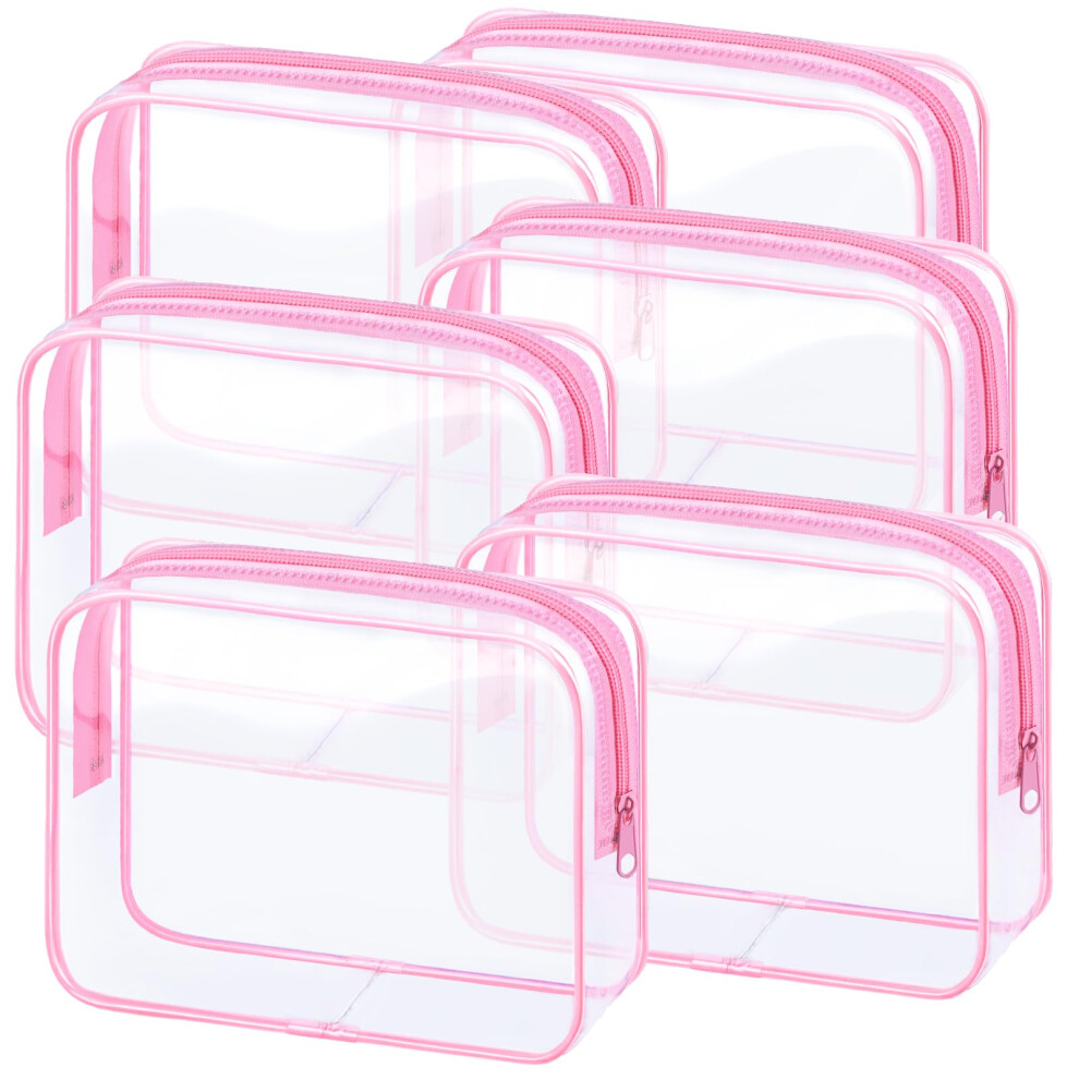 Pink 6 Pack Clear Makeup Bags Tsa Approved Waterproof Pvc Cosmetic Pouch With Zipper For Travel