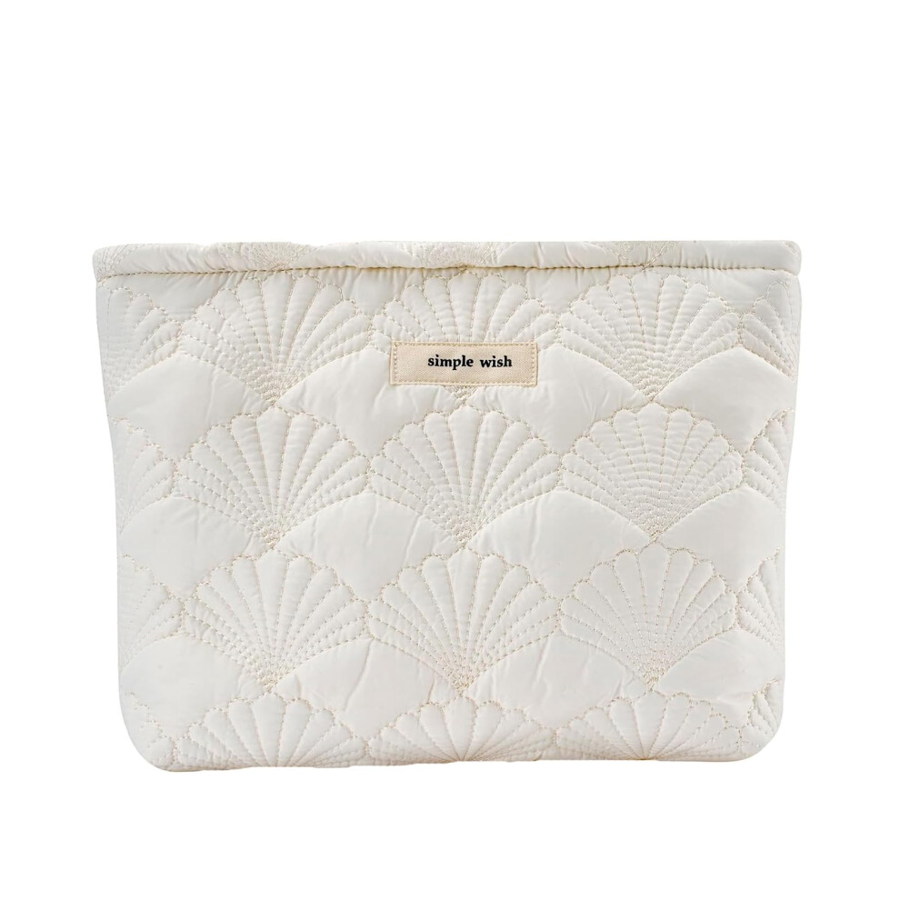 White Quilted Cotton Makeup Bag Pure Shell Shape Cosmetic Pouch For Travel And Toiletry Storage