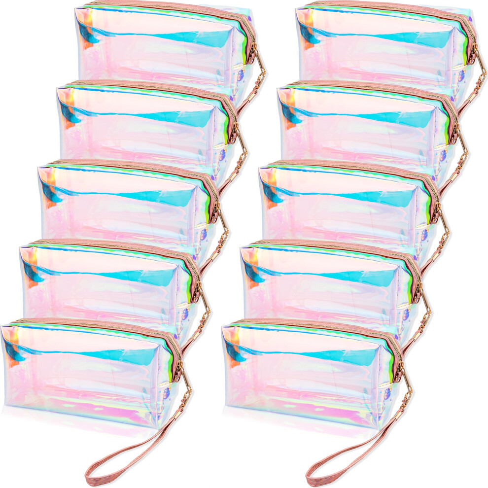10 Pcs Holographic Clear Makeup Bags Waterproof Travel Cosmetic Organizer with Zipper Wrist Strap
