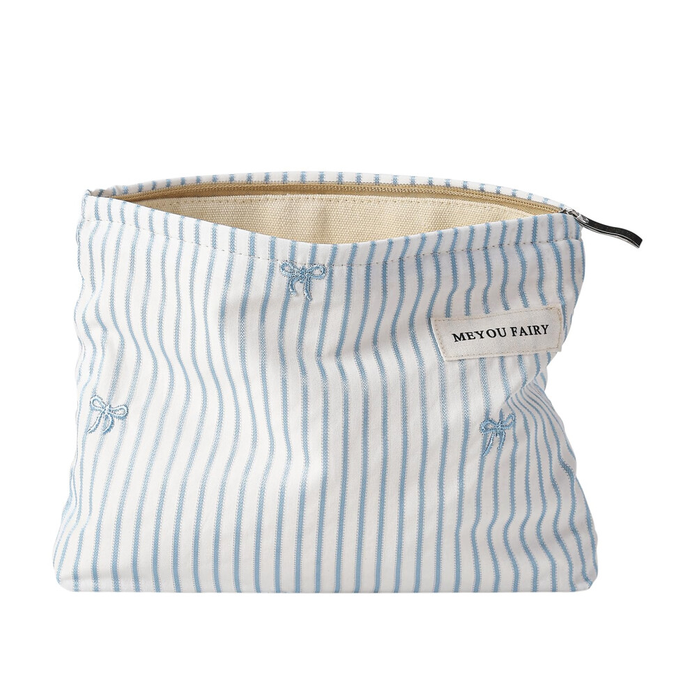 White Makeup Bag For Women, Elegant Striped Cosmetic Bag With Bow, Compact Travel Toiletry Organizer ( Stripe)