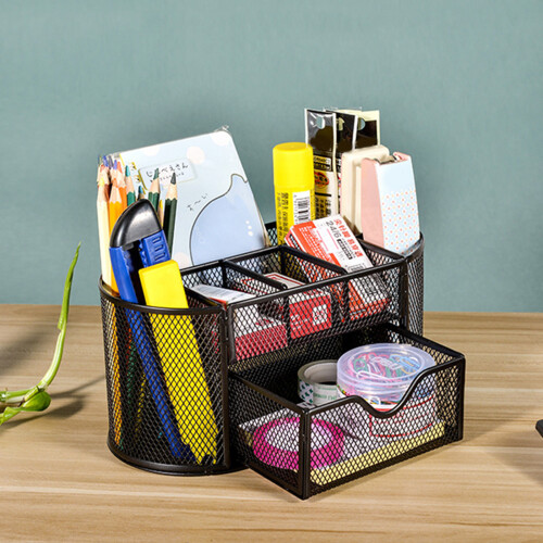 Multiple Compartment Metal Net Desktop Planner For Pencils-Grey 2