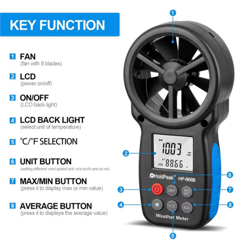 HoldPeak -866B Anemometer Wind Speed and Temperature,Wind Chill Indicstion Hand-Held Current/Average/Max/Min LCD Back-Light 2