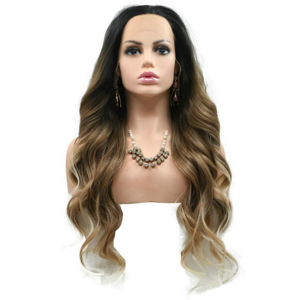 24 Inch Blonde Ombre Lace Front Wig with Natural Hairline, Heat Resistant Wavy Synthetic Hair