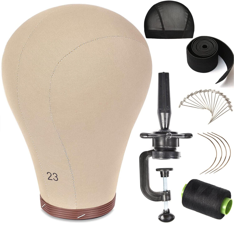Unisex Brown 23 Inch Canvas Wig Head Cork Block Mannequin With Clamp Stand For Accurate Wig Making