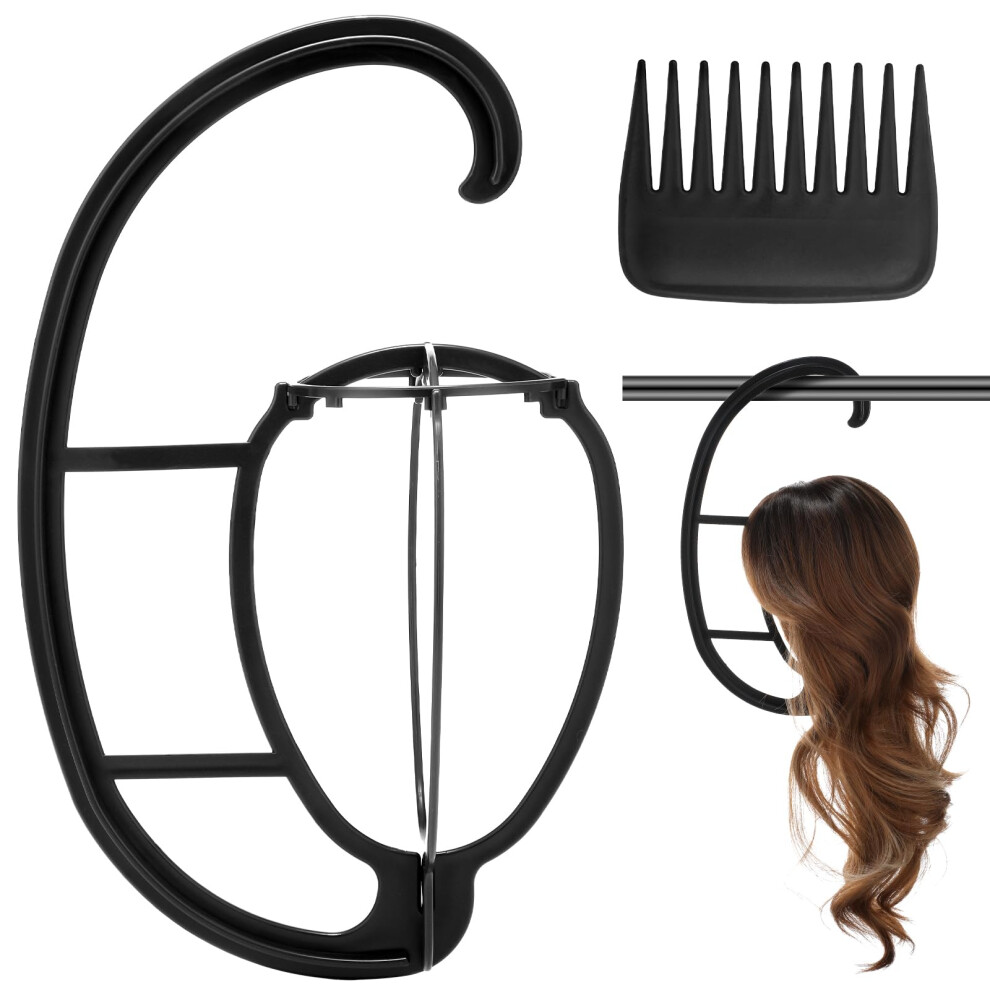 Unisex Black Wig Stand With Detangling Comb, Spacesaving Travel Wig Holder For Short And Synthetic Wigs