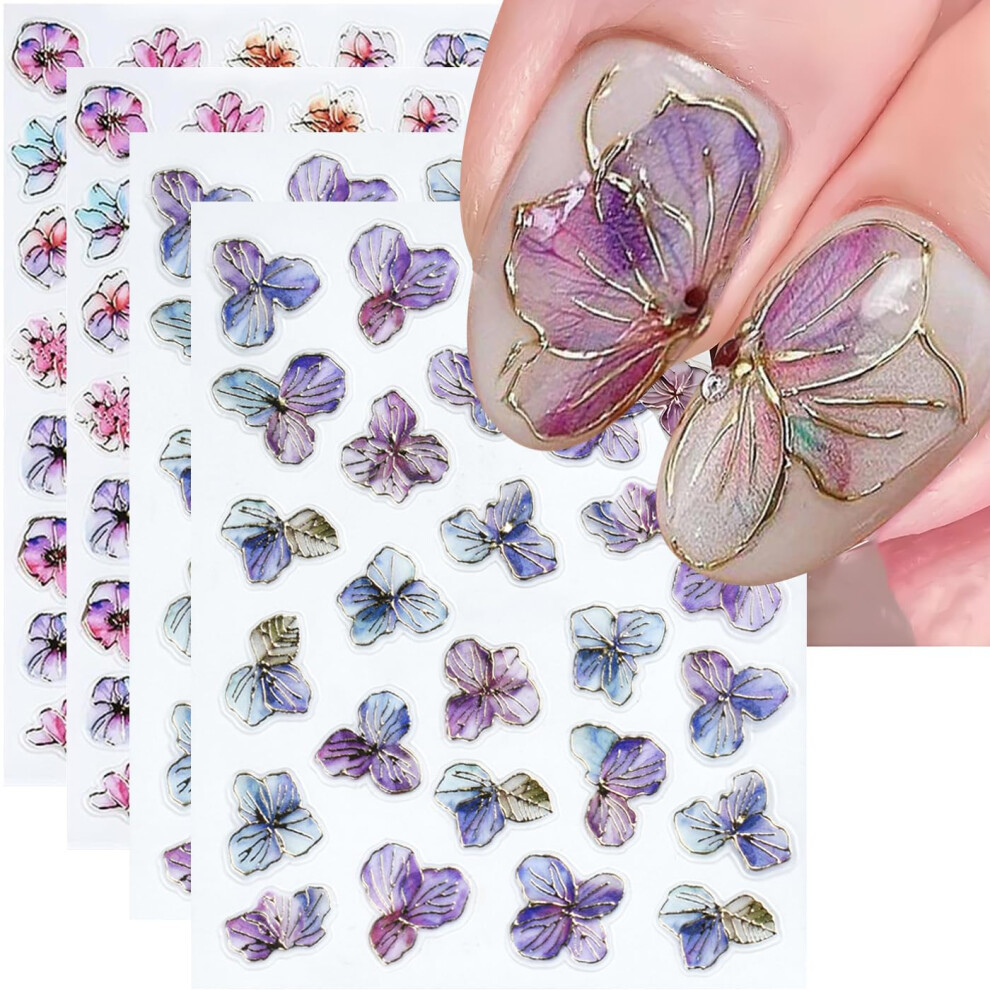 Purple Gold Flower Nail Art Stickers 5D Embossed SelfAdhesive Glitter Floral Decals 4Pcs