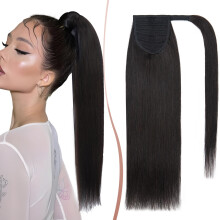 Ponytail Extension Human Hair 100% Real Hair Clip In Wrap Around 16 Inch Long Straight #1B Natural Black