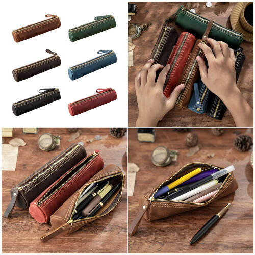 Multifunctional Leather Pencil Case Zippered-Coffee color 2
