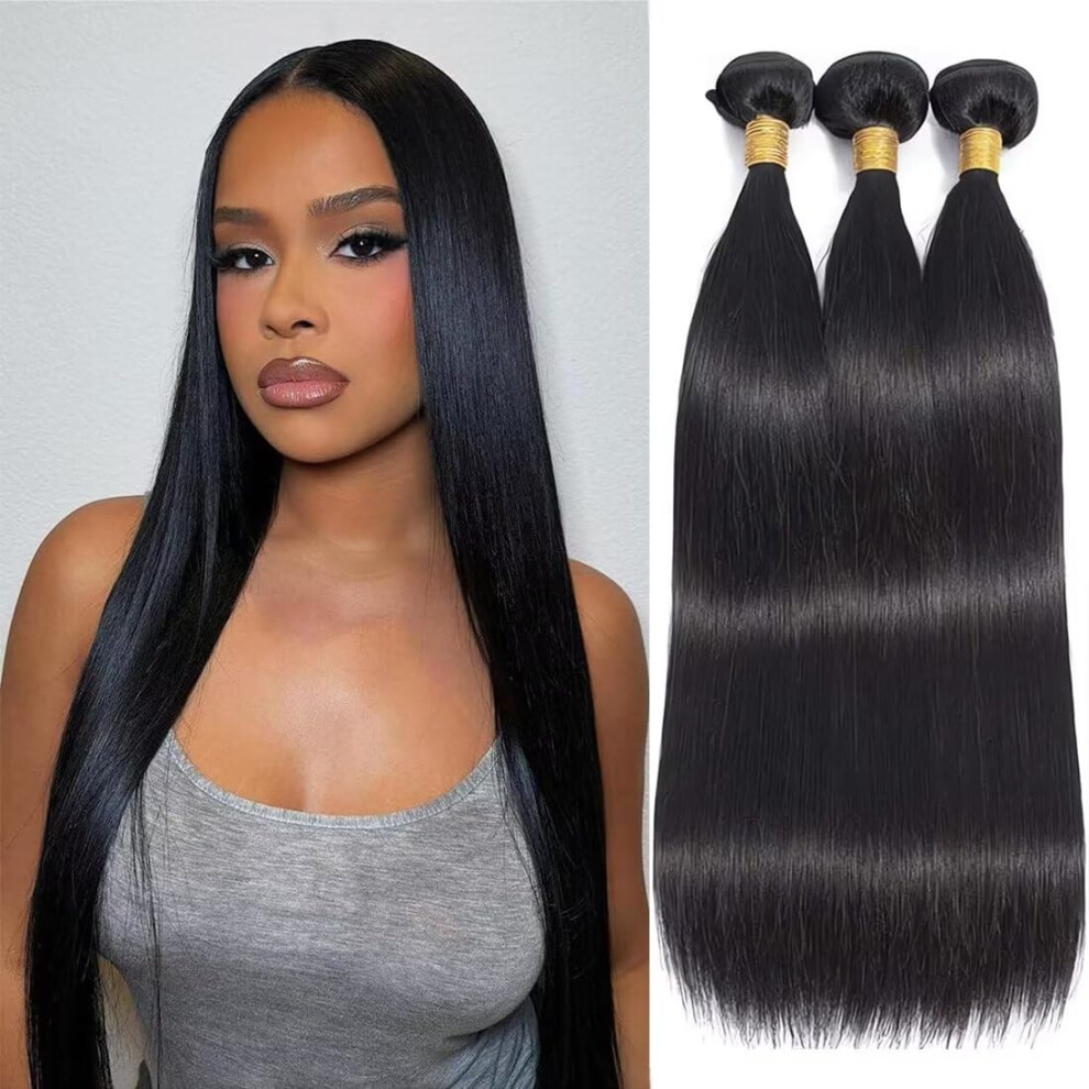 Unisex Human Hair Bundles Brazilian Straight Unprocessed Virgin Weave 12A 14 Inch 3 Bundles Double Weft Natural Color