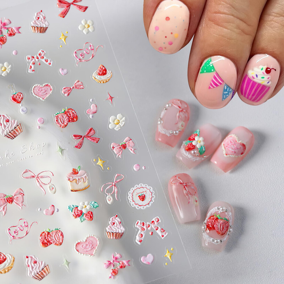 Pink Bow Strawberry Nail Art Stickers 5D Embossed Valentines Day 3D Nail Decals for Women