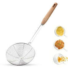 Stainless Steel Spider Strainer with Wooden Handle, Fine Mesh Skimmer Spoon for Frying and Pasta