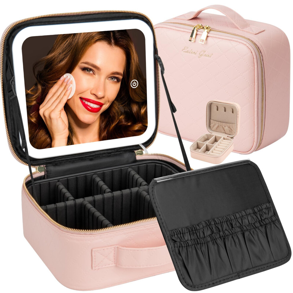 Makeup Train Case with LED Mirror and Adjustable Brightness, Waterproof Pink Checkered Travel Organizer