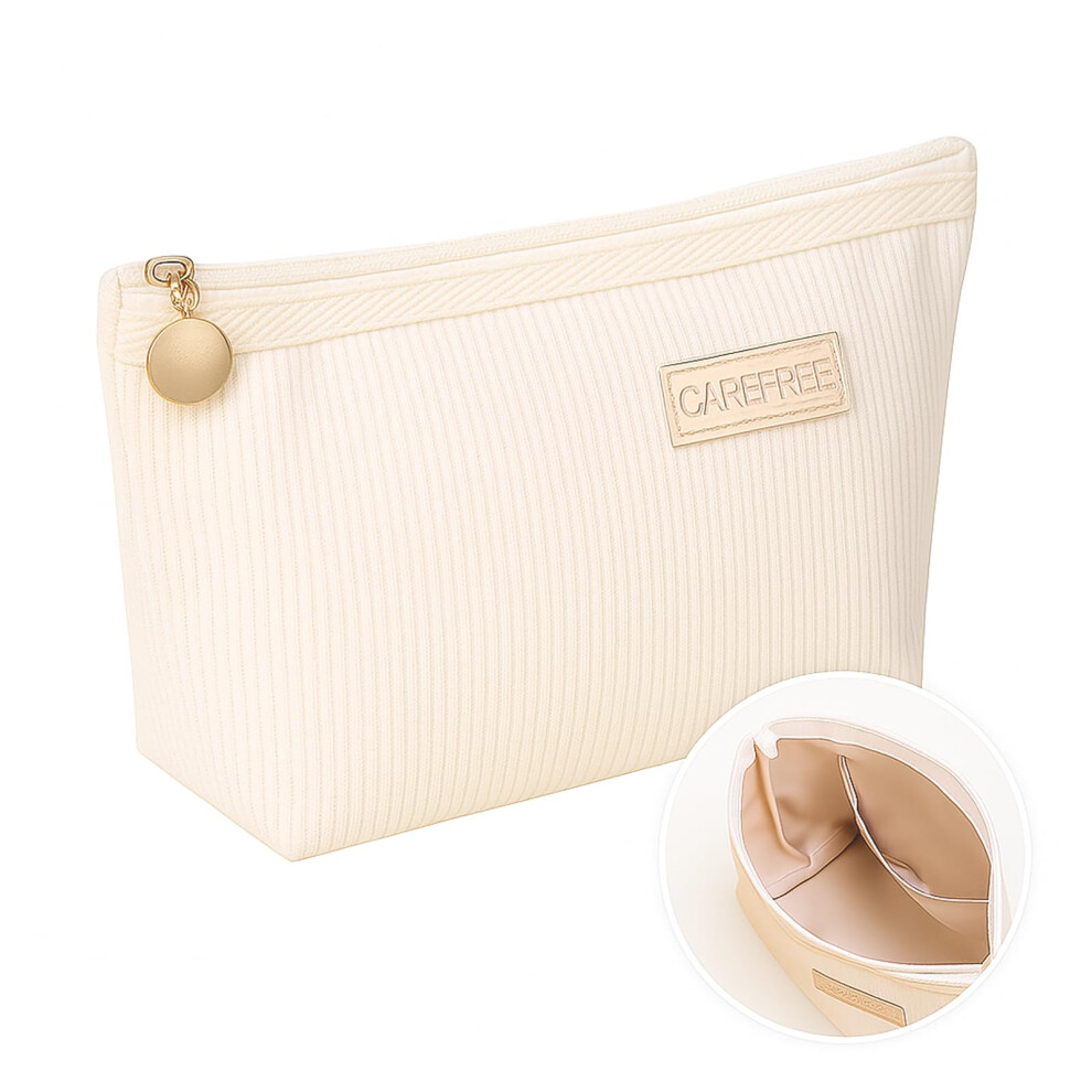 Makeup Bag White Corduroy Cosmetic Pouch with Zipper, Travel Organizer for Women 19.5x11x6.5cm