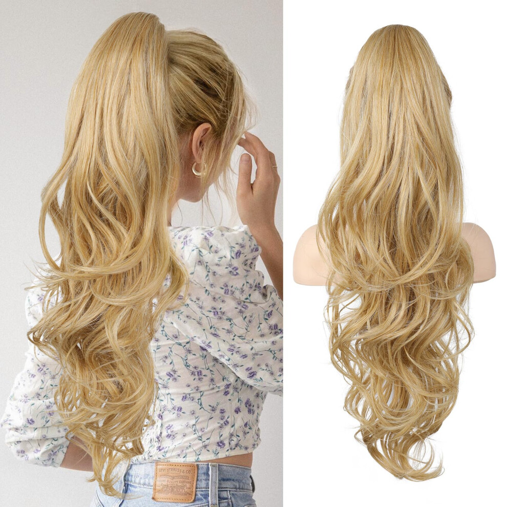 26' Ponytail Extension, Long Wavy Claw ClipIn Ponytail Hair Extensions, Synthetic, 26 Inch Golden Blonde With Highlight