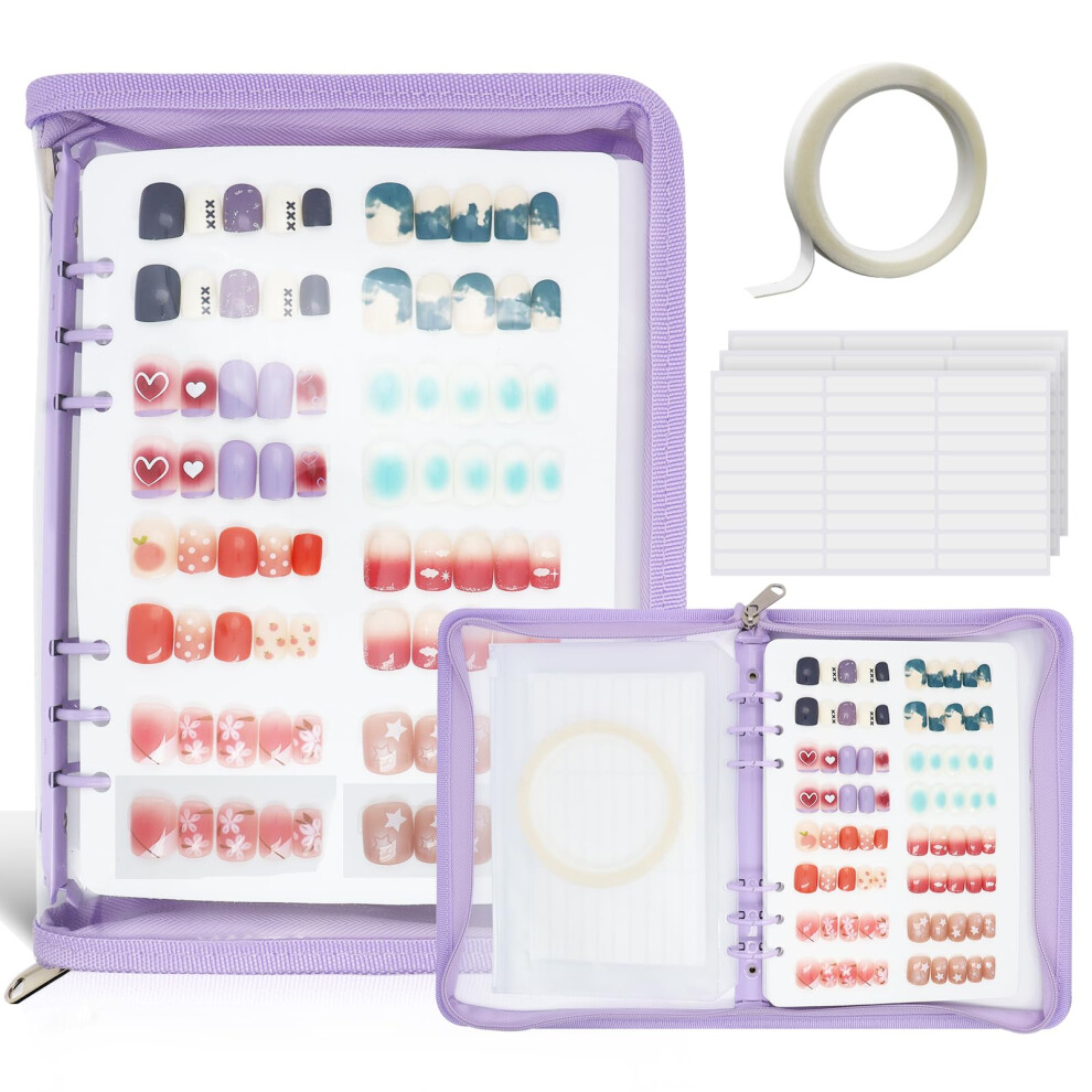 Purple Press On Nail Organizer Binder A5 With Zipper, 8 Pages Large Capacity Fake Nail Storage Book