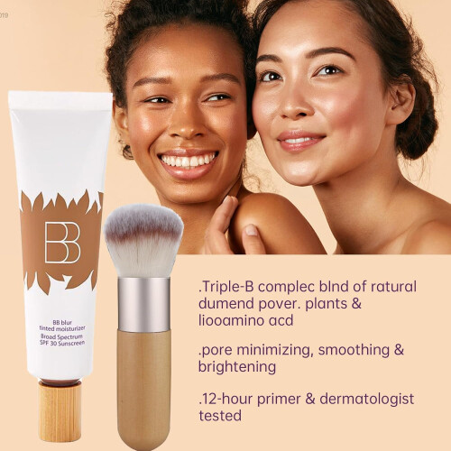 BB Cream Tinted Moisturizer SPF30, Full Coverage Lightweight Foundation with Brush, Natural, 2PCS 1