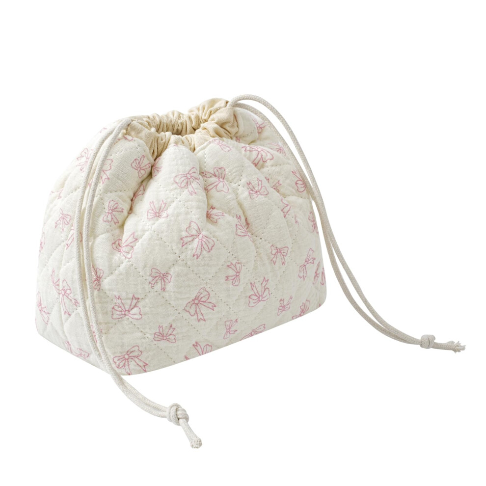 White Quilted Cotton Makeup Bag With Drawstring, Floral Travel Cosmetic Bag For Women, 12 Bow