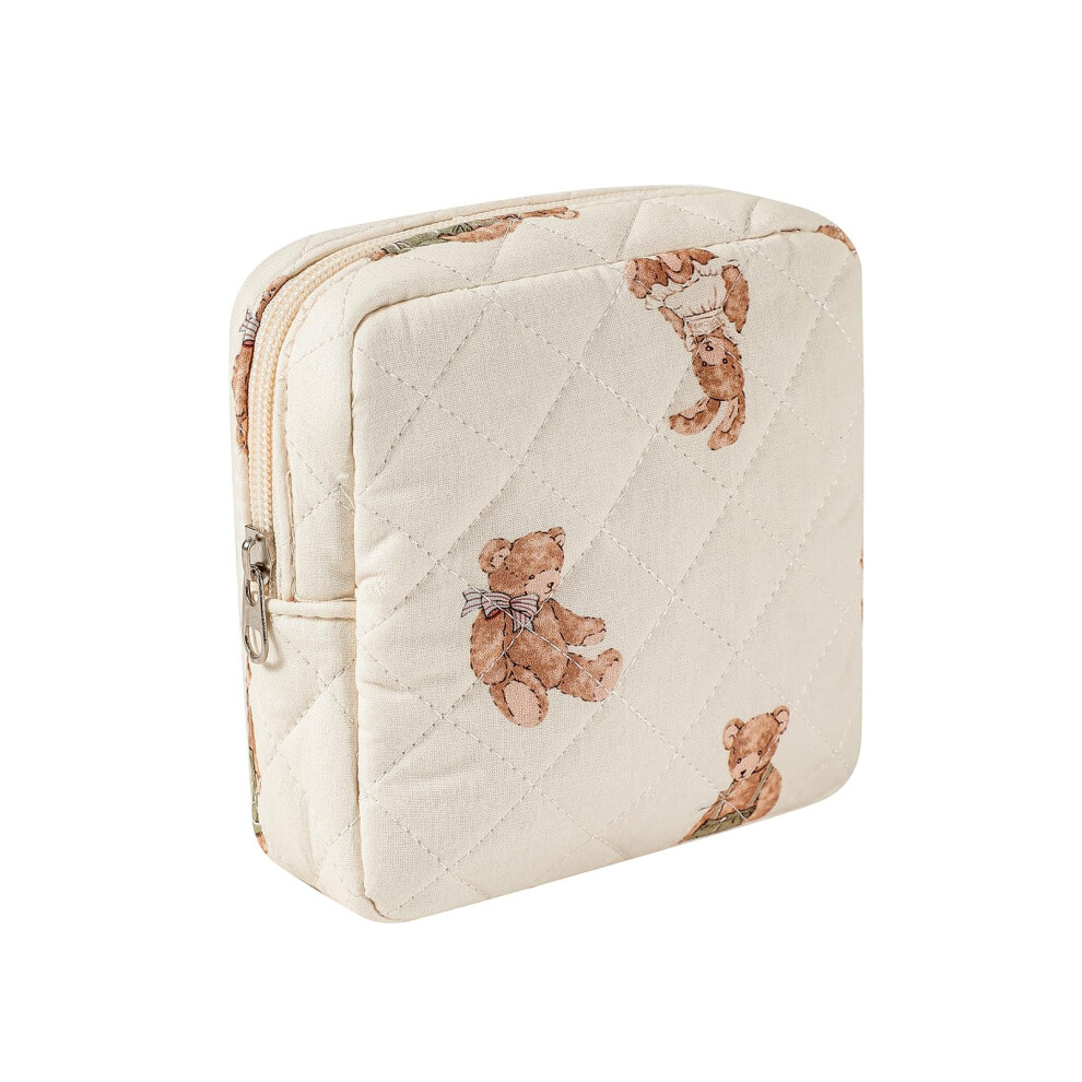 White Small Quilted Cotton Makeup Bag With Compartments, Travel Cosmetic Pouch For Purse Bear