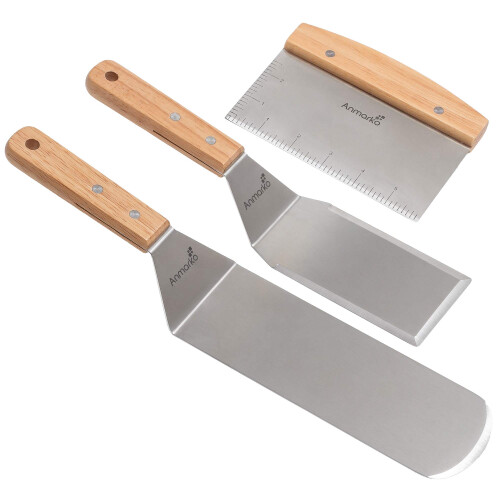 Stainless Steel Spatula Set Heavy Duty Grill and Griddle Tools with Wooden Handle Scraper