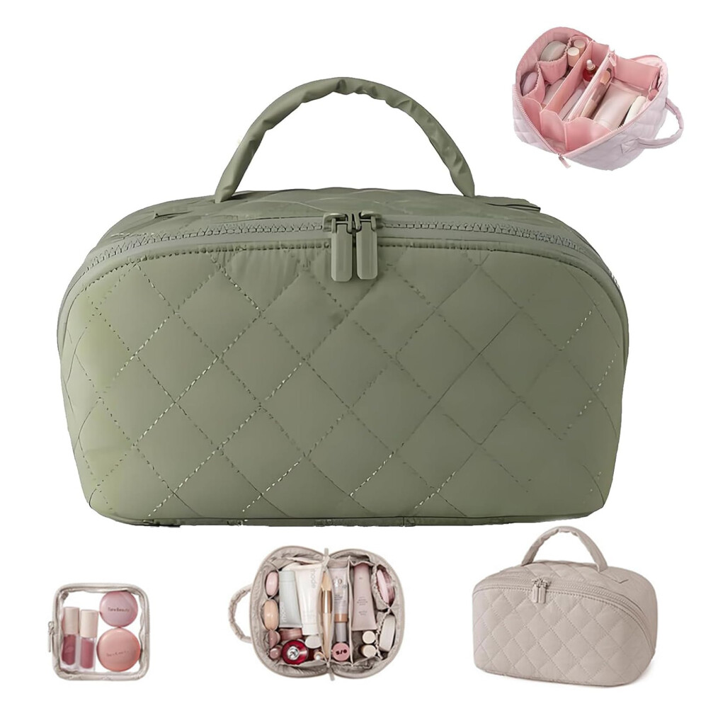 Makeup Bag for Women Large Capacity Lay Flat with Brush Compartment Water Resistant Green