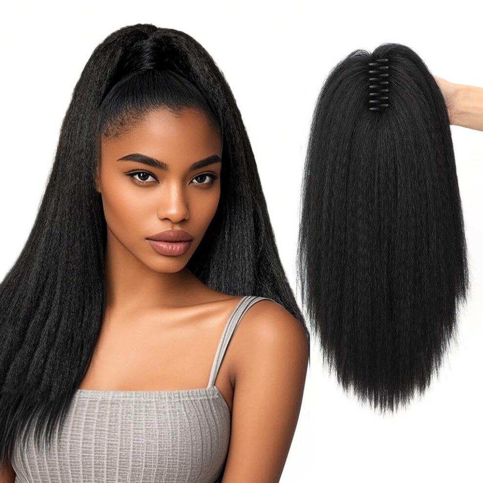 Unisex Black Short Ponytail Hair Extensions Claw Clip 16 Inch Afro Yaki Straight Bun Hairpiece Synthetic Fluffy Dark 1B#