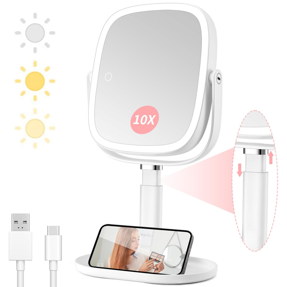 Rechargeable Lighted Makeup Mirror 10x Magnification, Height Adjustable LED Vanity Mirror 360 Rotation