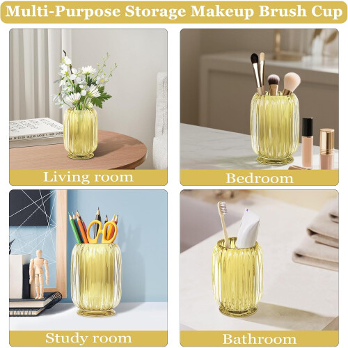 Makeup Brush Holder Thick Glass Organizer Cup 4.8' Tall Crystal Amber Vanity Storage Container 1